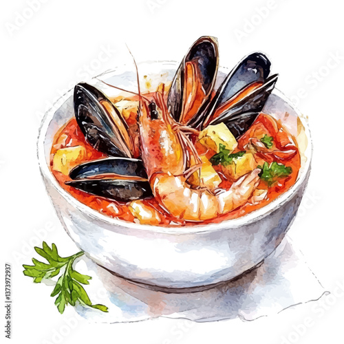 A watercolor vector of bouillabaisse, isolated on a white background. Bouillabaisse vector.

