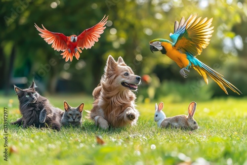Group of various animals including cats, dogs, and parrots enjoying a vibrant summer day together on a lush green lawn