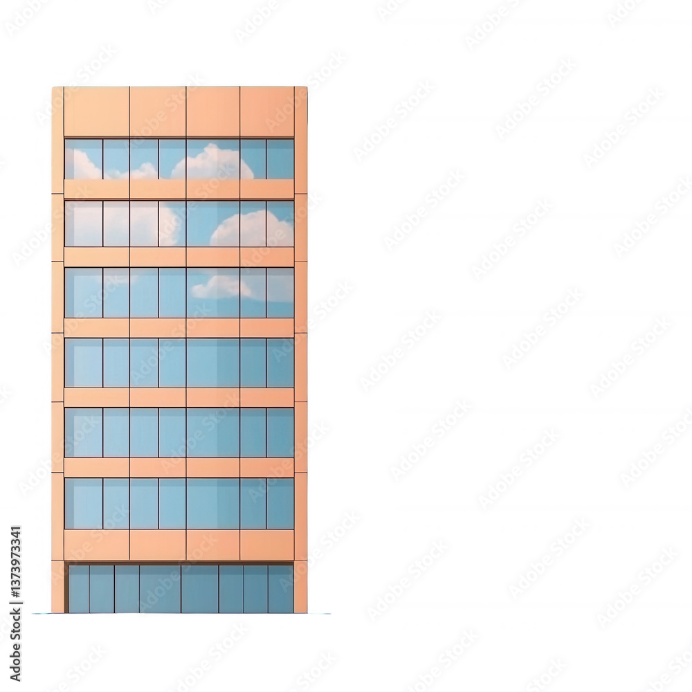 Modern office building facade with large windows and soft clouds reflecting. Ideal for business or architectural design themes. Modern office building facade with large windows and soft clouds reflecting. Ideal for business or architectural design themes.