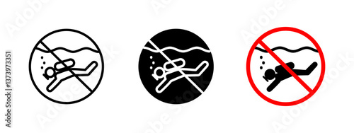 No swimming icon. Water safety vector illustration. Prohibited swimming sign to prevent drowning hazards. Caution symbol for restricted water areas, ensuring compliance with safety regulations.