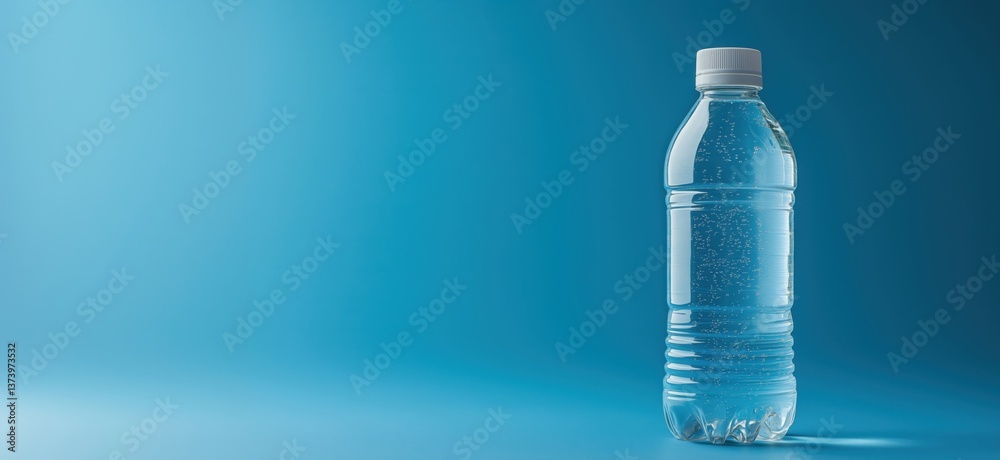 Clear plastic water bottle with bubbles on blue background Clear plastic water bottle with bubbles on blue background