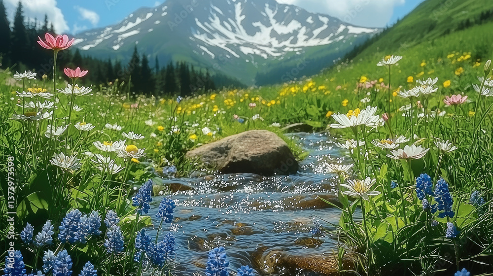 Fototapeta premium serene landscape featuring vibrant meadow filled with colorful wildflowers, gentle stream flowing through, and majestic mountains background. scene evokes sense of tranquility and natural beauty
