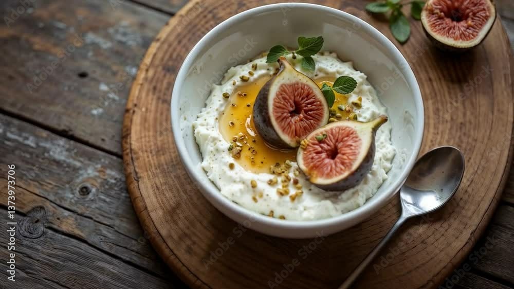 Yogur con higos frescos, miel y pistachos servido en cuenco sobre tabla rústica