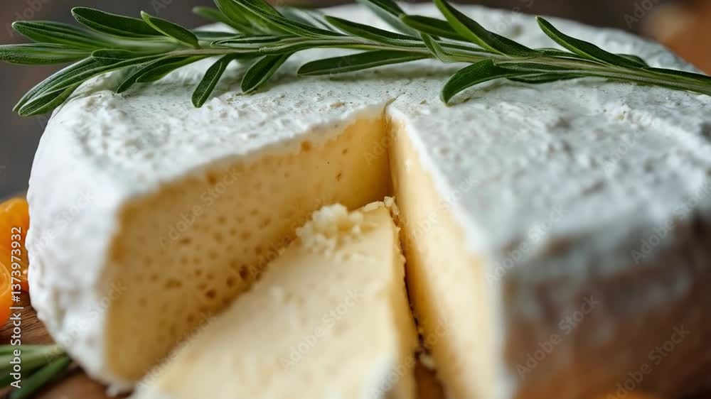 Queso blanco cremoso con mandarina y romero sobre tabla de madera rústica