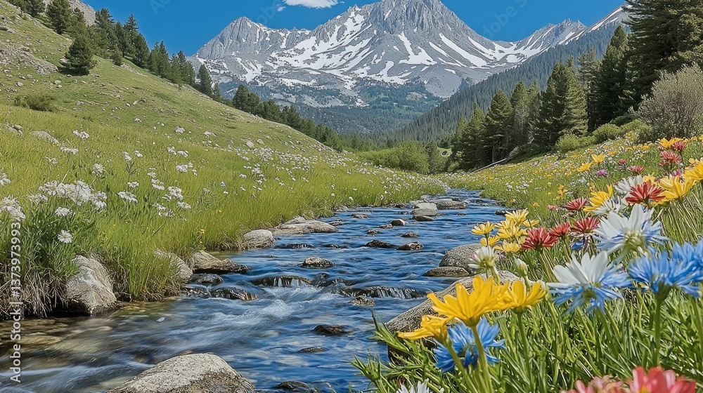 Fototapeta premium stunning mountain view featuring vibrant meadow filled with colorful wildflowers alongside flowing stream. majestic peaks background are capped with snow, creating serene and picturesque landscape