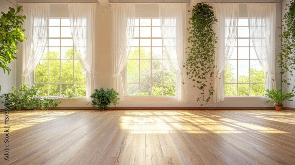 Fototapeta premium A clean and minimalist dance studio with large windows, sheer curtains, and bright sunlight streaming in.
