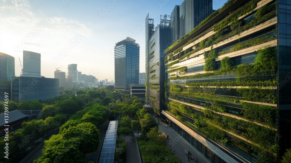 Obraz premium A sleek glass office building adorned with vertical gardens glistens in the sunlight