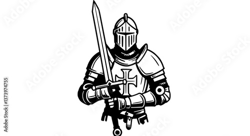  Medieval knight in armor holding a sword against a white background with copy space