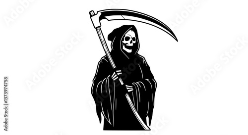 Sinister Grim Reaper holding a scythe against a white background with copy space