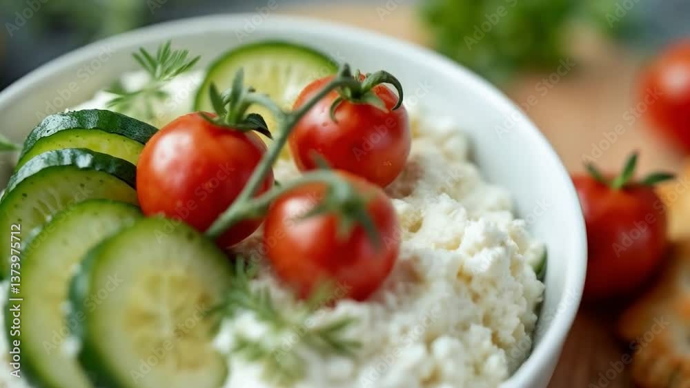 Tazón de requesón con pepino y tomates cherry sobre tabla de madera
