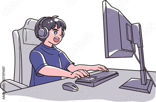 笑顔でパソコンを使う男の子のイラスト