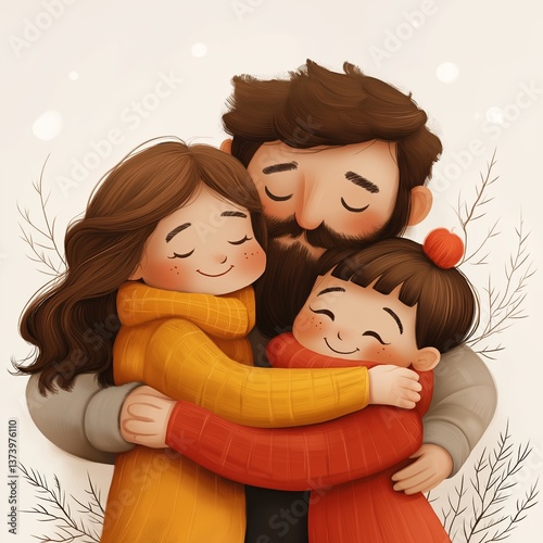 Illustrated family portrait featuring father, daughter, and sister embracing in heartwarming hug, showcasing love and togetherness during winter season