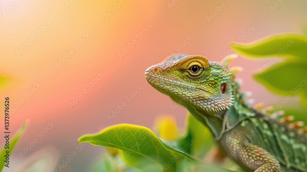 Fototapeta premium Close up of a vibrant green lizard, Green lizard in lush foliage, sunlit background