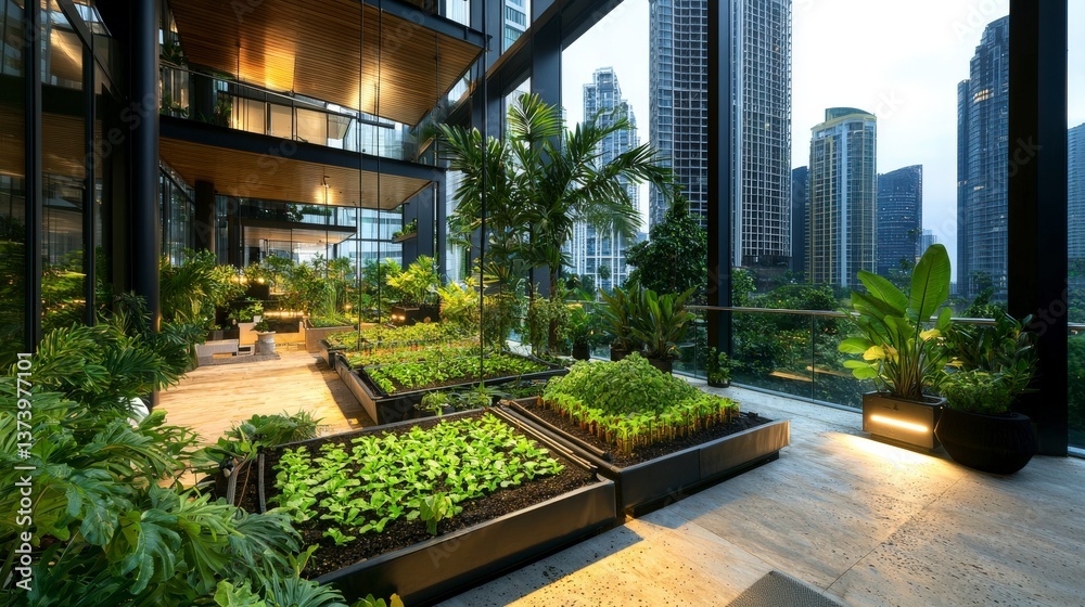 Urban rooftop farming action city skyscrapers green spaces modern architecture sustainable living concept Urban rooftop farming action city skyscrapers green spaces modern architecture sustainable living concept