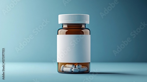 Empty medicine bottle on light blue background