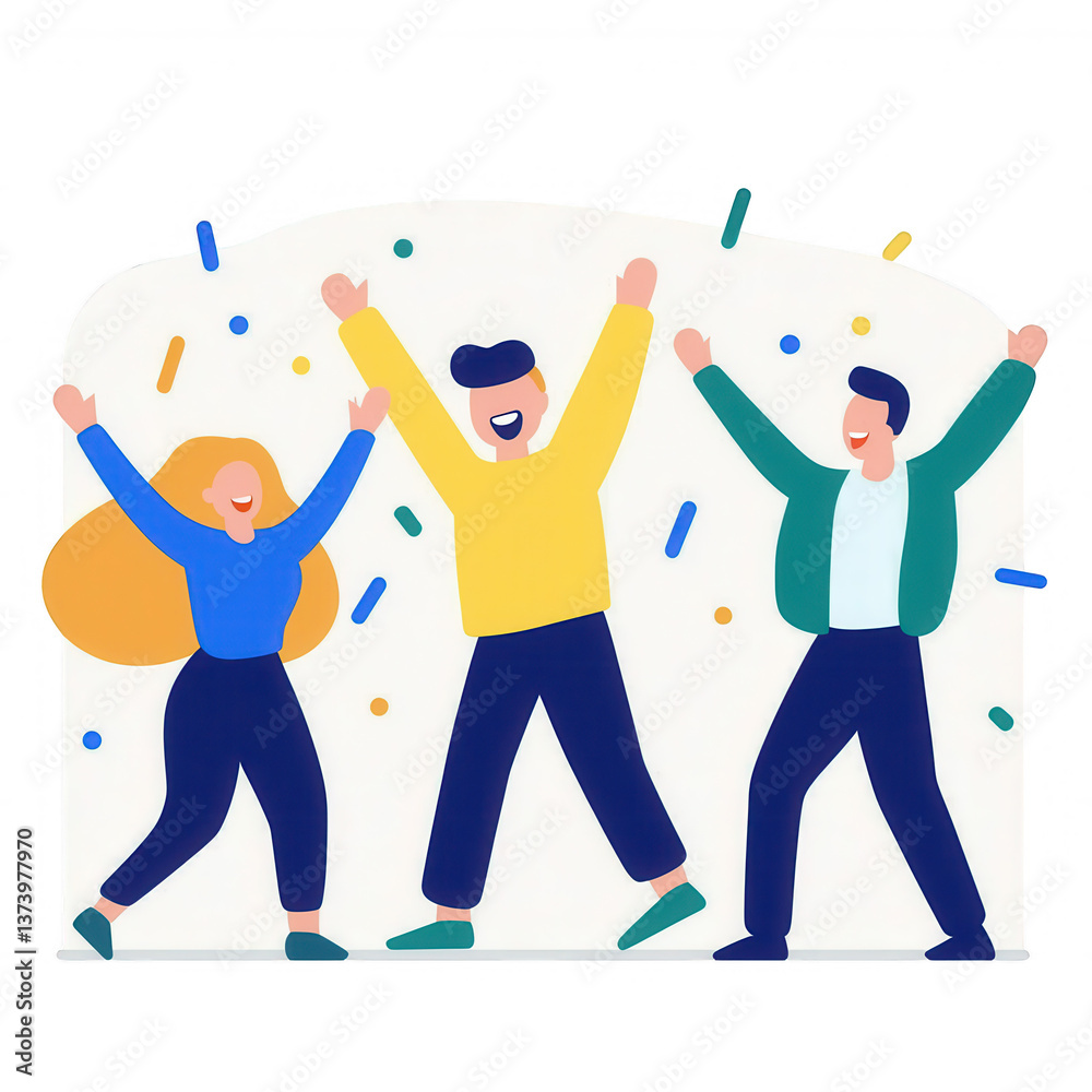 Obraz premium Three joyful people celebrating with hands raised, colorful confetti in the background, creating a vibrant and energetic atmosphere.