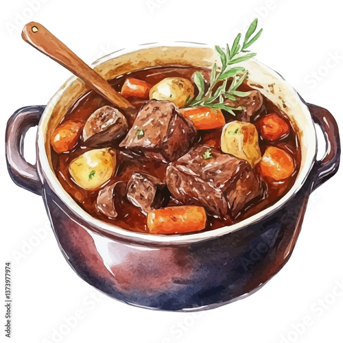 A watercolor vector of boeuf bourguignon, isolated on a white background. Boeuf bourguignon vector.

