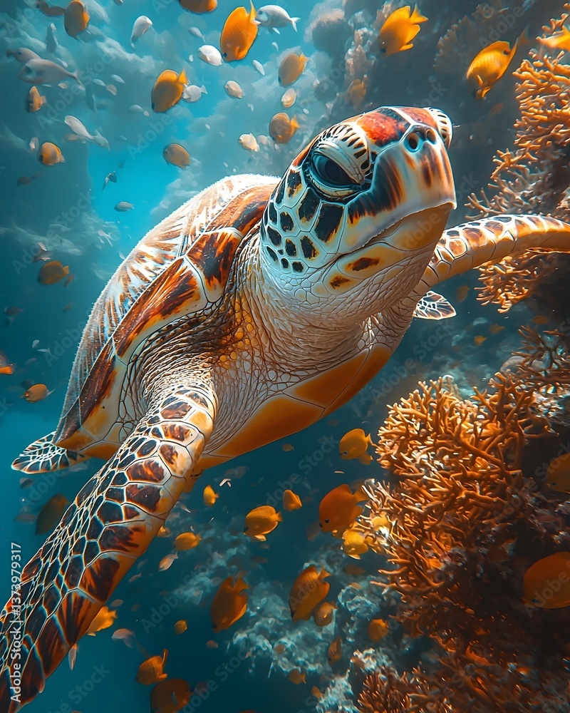 Fototapeta premium A sea turtle gracefully swimming through a vibrant coral reef