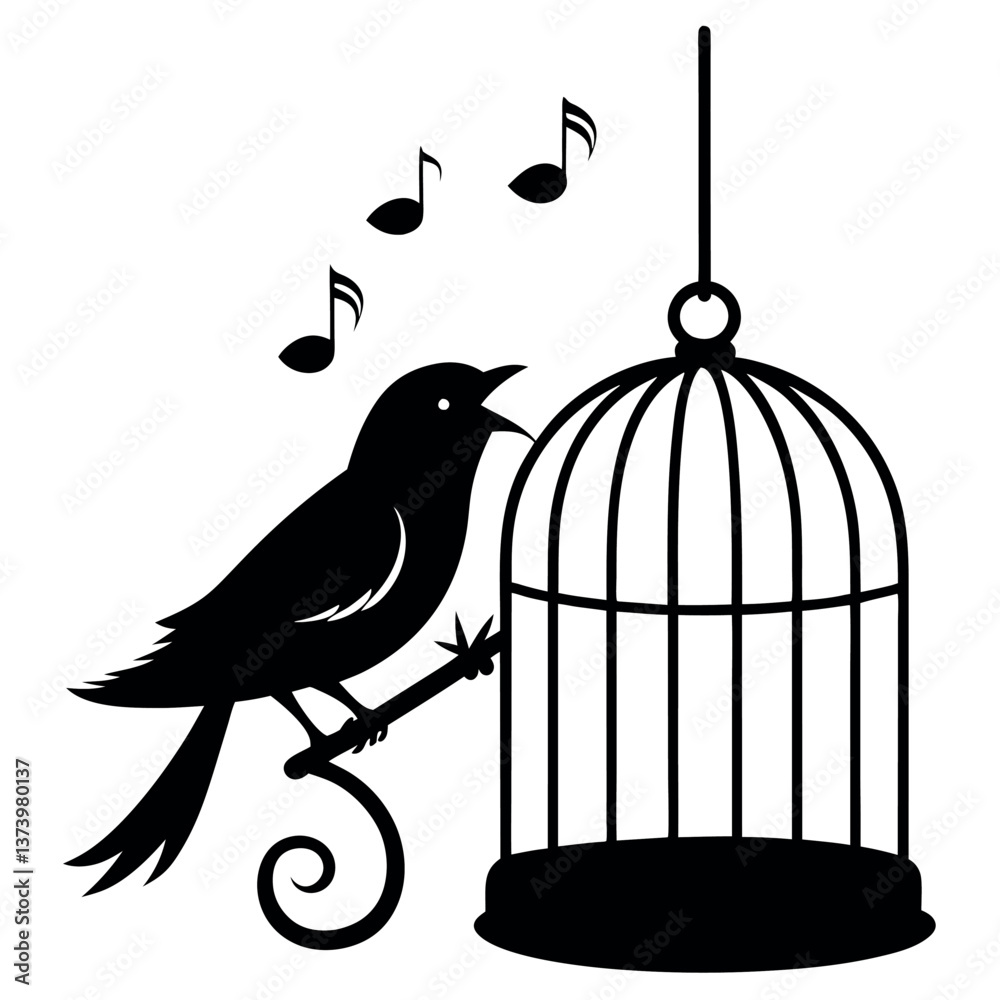 Fototapeta premium A bird-in-a-cage-singing-silhouette-vector-illustration. 