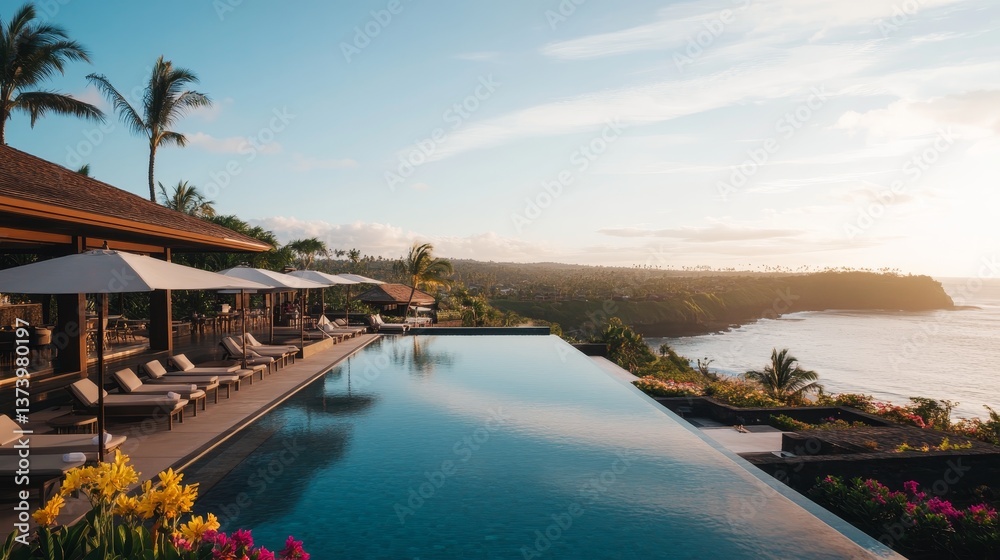 Fototapeta premium Sleek pool at a tropical resort offers stunning ocean views, surrounded by palm trees and colorful flowers, all under a bright sunny sky in a tranquil setting