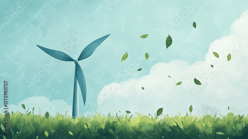Windmill in Meadow with Flying Leaves