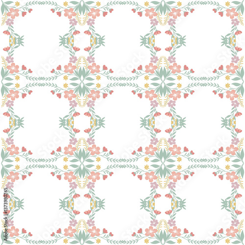 seamless floral pattern in pink, blue and white colors with a bouquet of roses. frame of beautiful flowers and leaves vector design