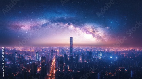 Wallpaper Mural Night city skyline, Milky Way, urban fantasy, aerial view, nighttime Torontodigital.ca