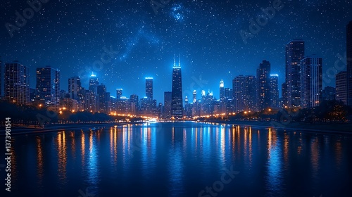 Wallpaper Mural Captivating night view of Chicago skyline reflections high resolution picture Torontodigital.ca