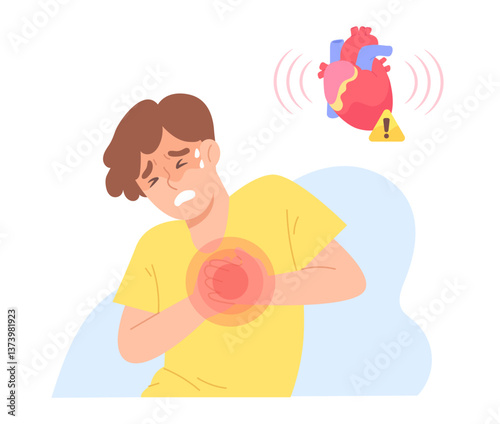 Suffering from a heart attack with cardiac organ and caution sign. Man holding his chest with painful face expression. Illustration for heart failure, emergency, medicine, Acute myocardial infarction.