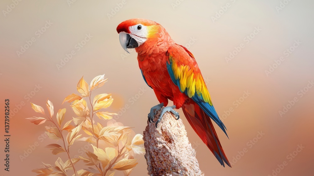 Obraz premium Vivid Scarlet Macaw Perched Gracefully on Natural Surface with Soft Pastel Background in Tropical Environment