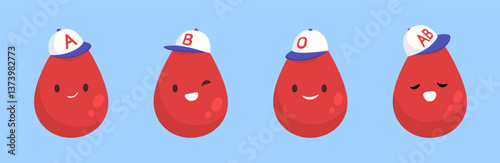Set of cartoon character of blood drop wearing a cap with blood group (A, B, AB, O) on. Fun and friendly character for blood donation campaigns, medical events, hospital, blood test, health.
