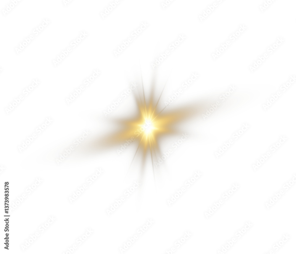 Fototapeta premium Png shine gold star light with sparkle effect. Glowing yellow light, magic star sparks, and lens flare on a transparent background. Perfect for highlights and special effects. Png illustration
