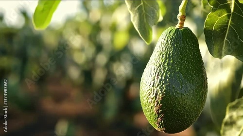 Ripe avocado hanging on a tree surrounded by lush green leaves in a sunny setting.