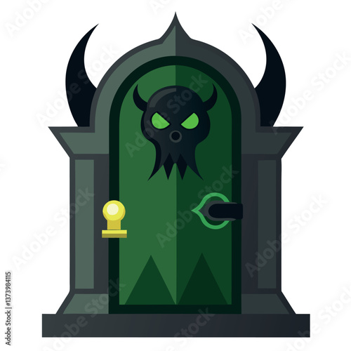 Illustration of spooky door with creepy knocker 