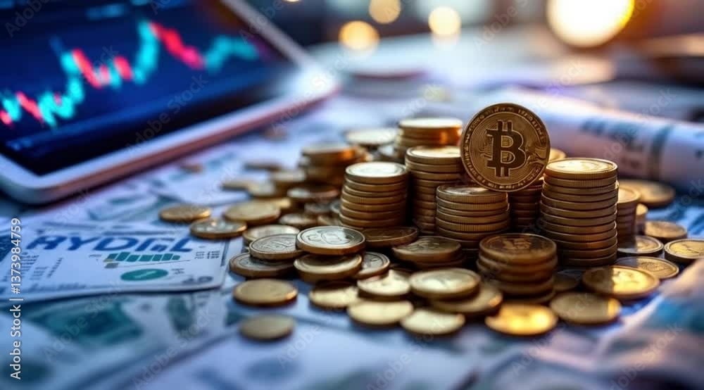 Bitcoin stacks on US dollars near tablet with graphs
