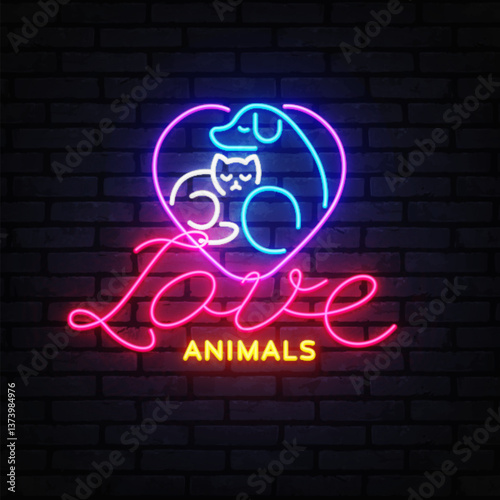 Pet logo with dog, cat, neon, animal, and shop theme in glowing colors. Brick wall background with vibrant heart shape and handwritten text.