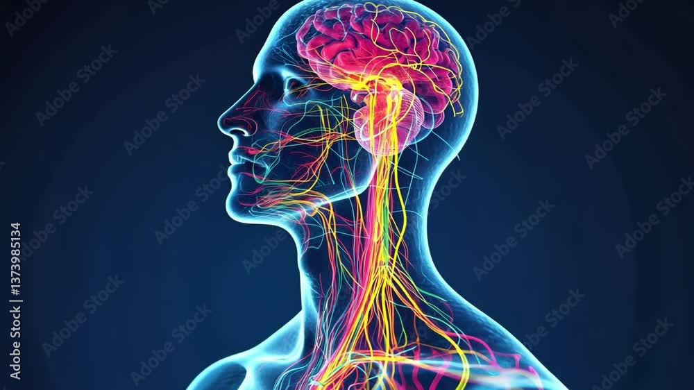 Human Anatomy Illustration with Luminous Neural Pathways and Brain Structure Highlighted in a Creative Artistic Design