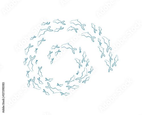 Marine fish school silhouette. Many fish in a swirling pattern. Underwater life in the ocean, chalk texture style, potential for aquatic designs.