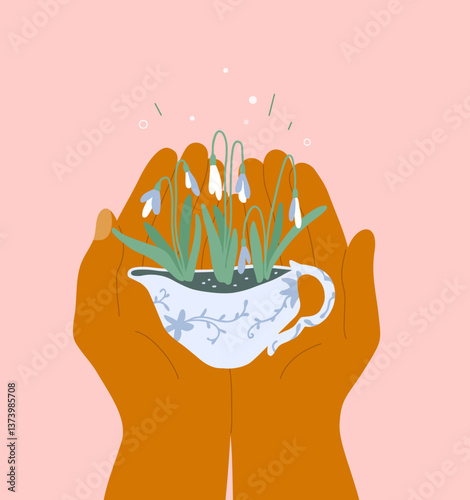 Man or woman holding ceramic cup with blooming snowdrops in palms. Spring flower in human hands vector illustration. Gardening, plant plants, early primroses in vase. Art growing flowers, nature care
