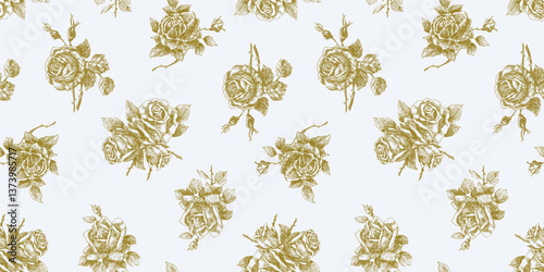 Seamless pattern of hand drawn golden roses flowers, vector background, fabric, paper, wallpaper, textile, wrapper