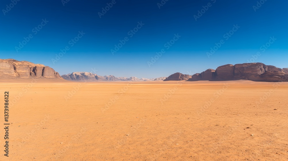 Wide view of a vast desert showing smooth golden sand dunes contrasted by distant rocky mountains and a bright, cloudless blue sky Wide view of a vast desert showing smooth golden sand dunes contrasted by distant rocky mountains and a bright, cloudless blue sky