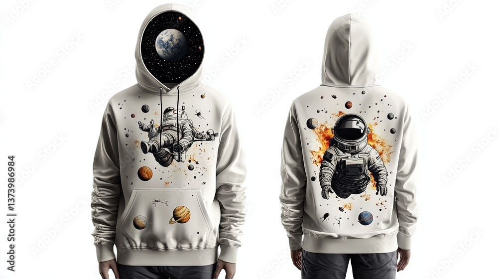Lunar silver male hoodie, front and back view, astronaut’s dream theme, front has a moon with a floating astronaut, back showcases a dreamy cosmic sky with planets, spaceships, and constellations Lunar silver male hoodie, front and back view, astronaut’s dream theme, front has a moon with a floating astronaut, back showcases a dreamy cosmic sky with planets, spaceships, and constellations
