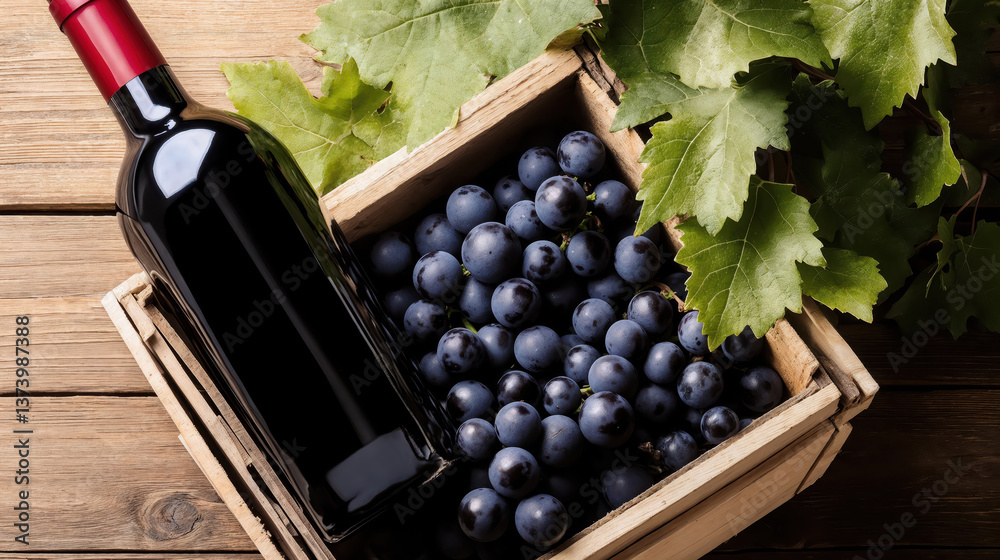 Φωτογραφία Bottle of red wine resting on wooden crate with fresh grapes and vine leaves