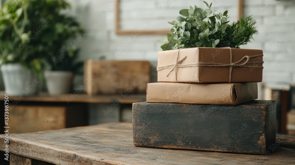 Charming gift boxes with natural elements like greenery, arranged attractively on a rustic table, embodying the essence of eco-friendliness, warmth, and seasonal aesthetics for nature lovers. Charming gift boxes with natural elements like greenery, arranged attractively on a rustic table, embodying the essence of eco-friendliness, warmth, and seasonal aesthetics for nature lovers.