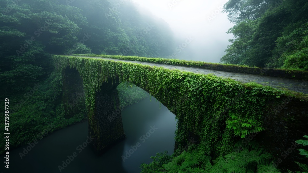 Fototapeta premium Creeping ivy envelops a historic stone bridge as it arches gracefully over a calm river, framed by vibrant greenery and soft morning mist that enhances tranquility