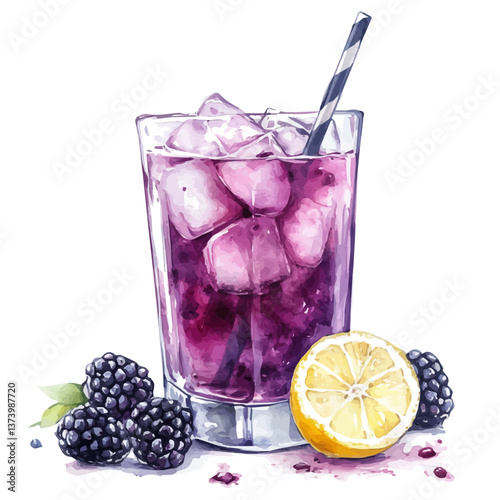 A watercolor vector of blackberry lemonade, isolated on a white background. Blackberry lemonade vector.

