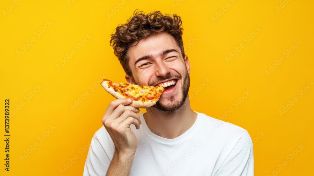 Happy man enjoying pizza with a playful smile Happy man enjoying pizza with a playful smile