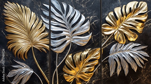 3d golden and silver leaf design with dark marble backdrop