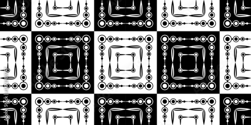 Monochrome checkered geometric seamless pattern. Black and white squares with a pattern. Mosaic square tile. Complicated texture chess square background. Clear strict ornament for web, textile, etc.