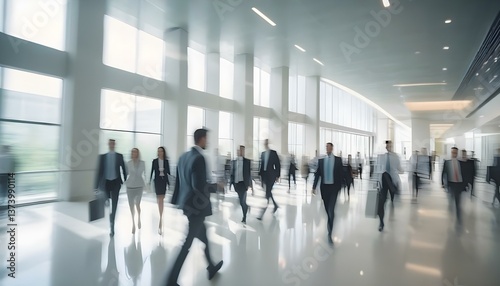Modern office interior with busy business people walking around. Long exposure, blurred silhouettes. Suitable for university, collage, campus or airport modern space